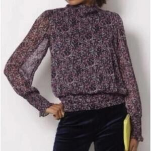 Evereve Pink and Black Floral Scarlett Sheer Gathered Blouse - Size - Small